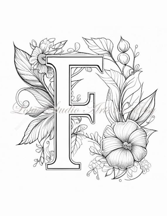 Floral letter f coloring page style downloadable printable alphabet coloring page for adults and teens great for craft projects