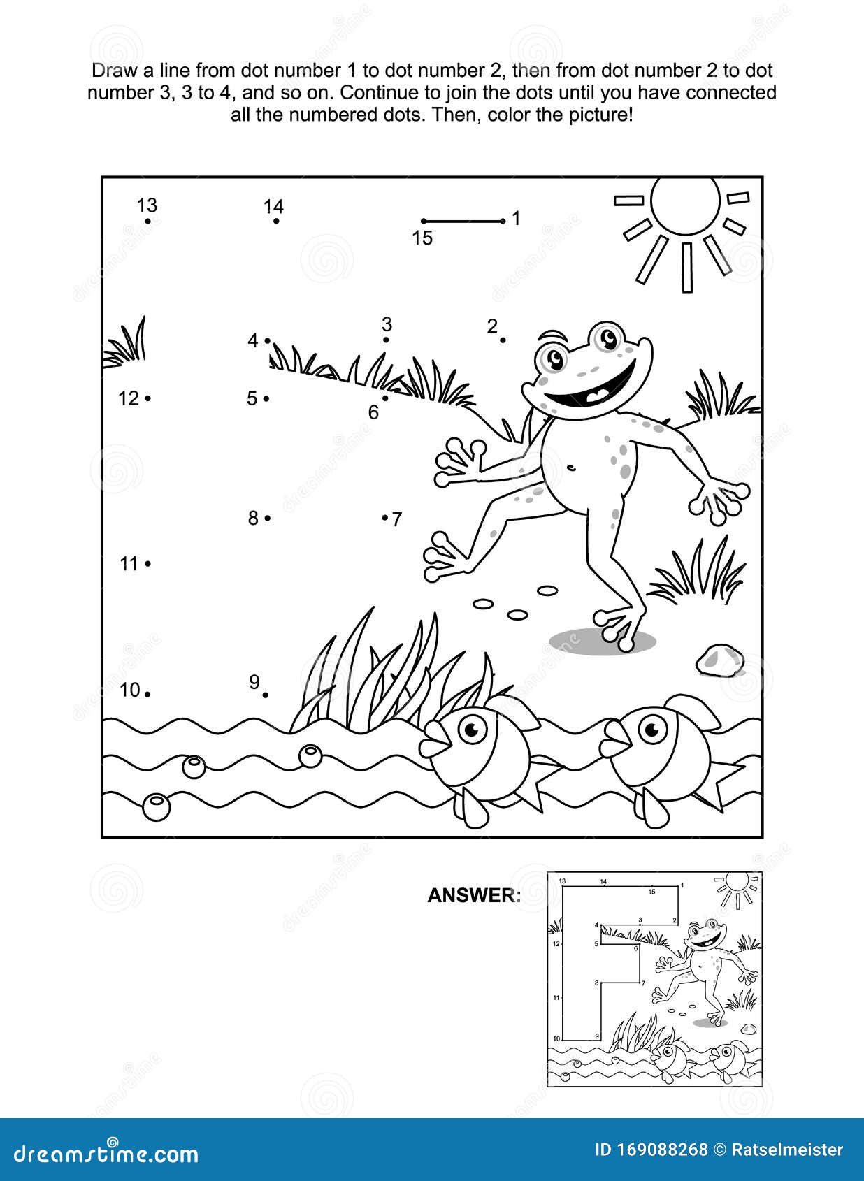 Connect the dots and coloring page with letter f frog and fish stock vector