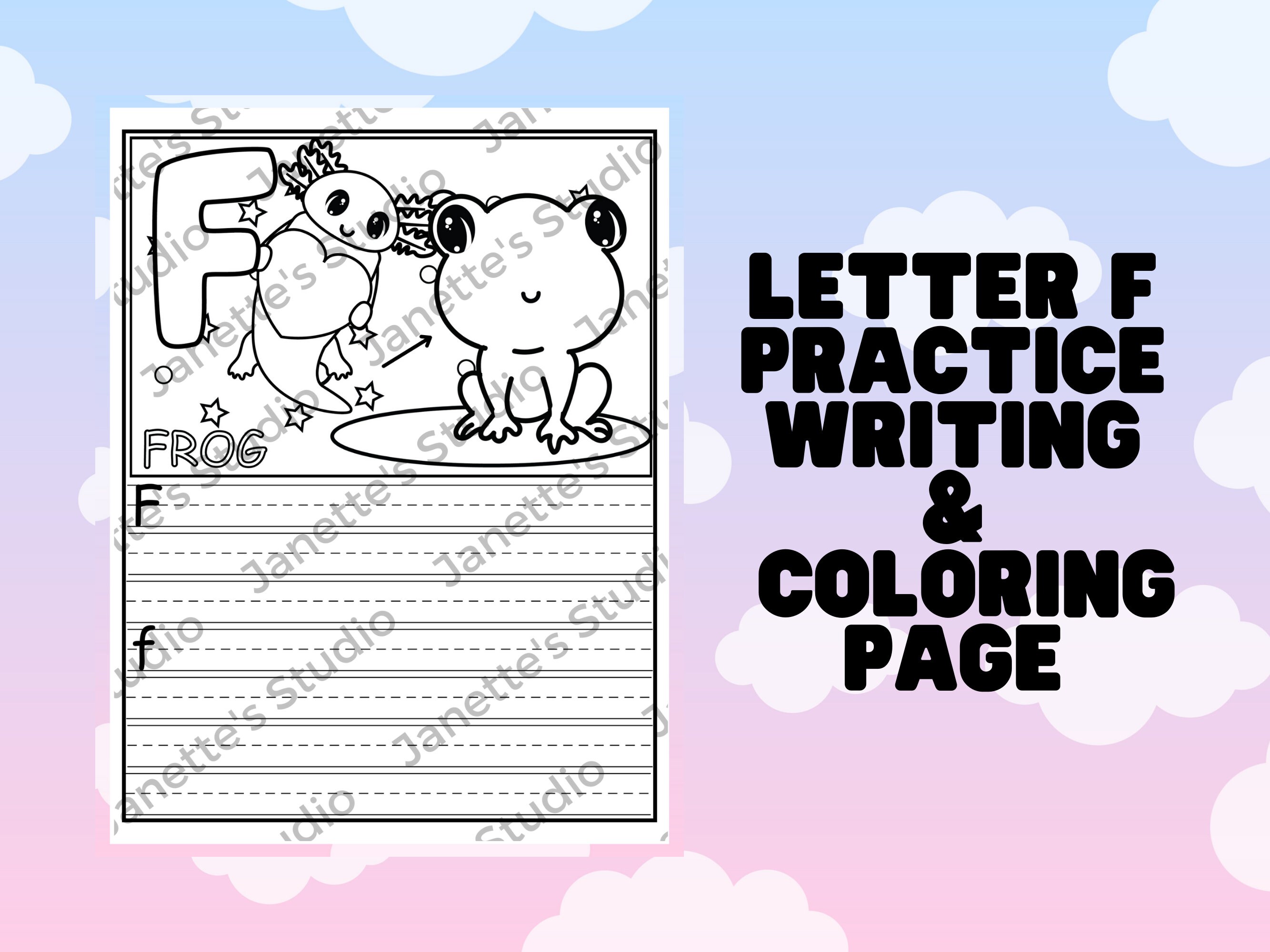 Kawaii axolotl letter f coloring page cute coloring page abcs digital download practice writing abc coloring page for kids coloring page