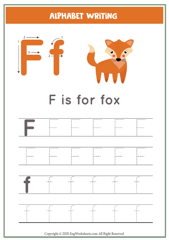 Letter f alphabet tracing worksheet with animal illustration