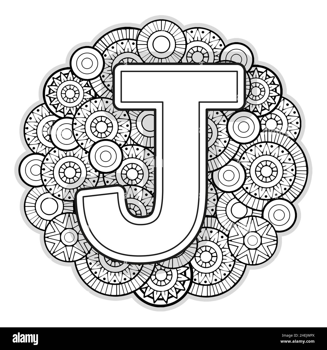 Vector coloring page for adults contour black and white capital english letter j on a mandala background stock vector image art