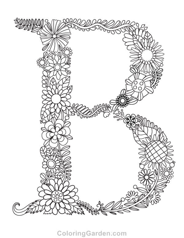 Floral letter b adult coloring page