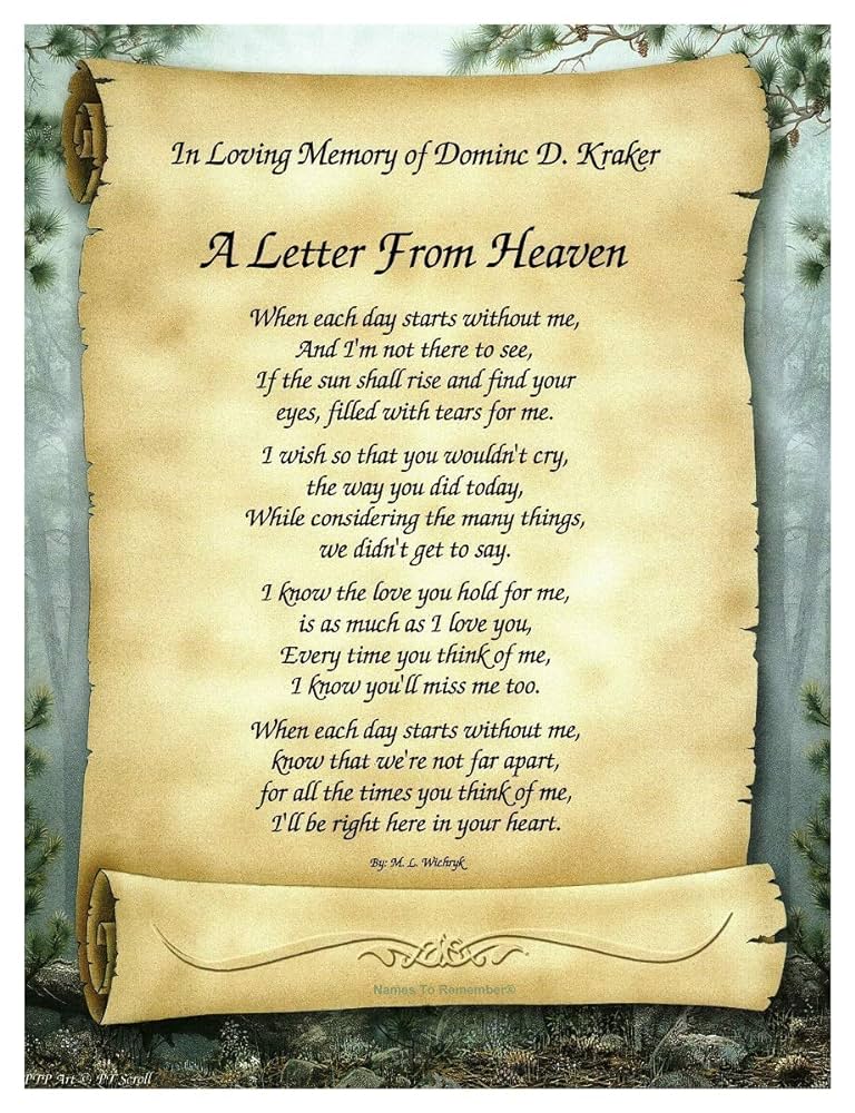 A letter from heaven personalized bereavementmemorial poetry gift on scroll background optional forest green and frosted gold dual matte border handmade products