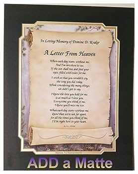 A letter from heaven personalized bereavementmemorial poetry gift on scroll background optional forest green and frosted gold dual matte border handmade products