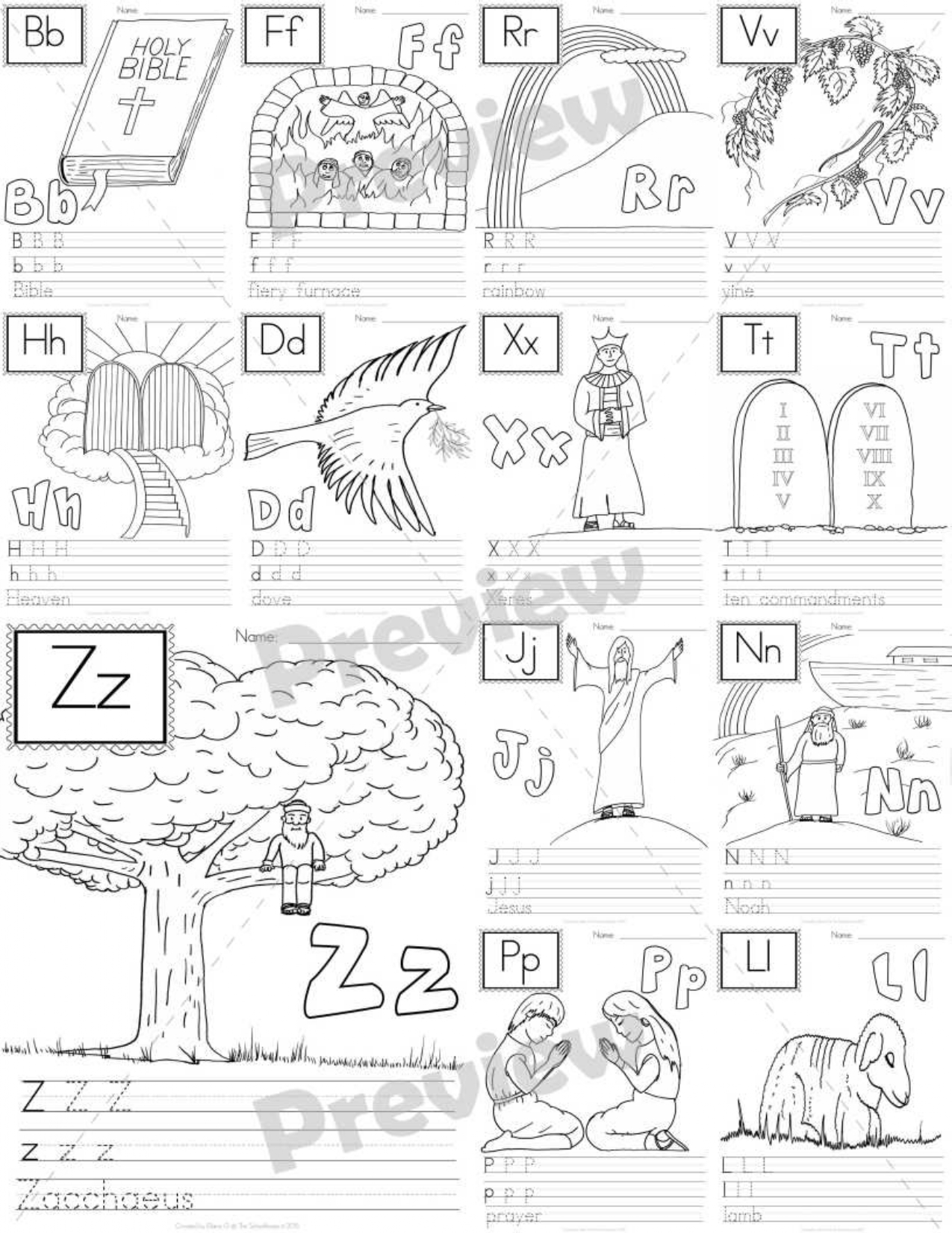 Bible alphabet to color and write pages made by teachers