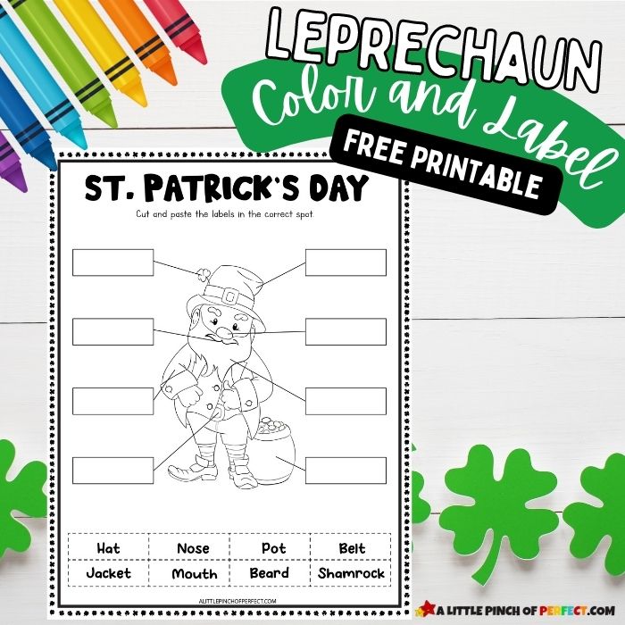 Leprechaun color and label worksheet free printable st patricks day activity