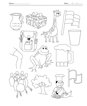 Color the picture which end with letter g printable coloring worksheet