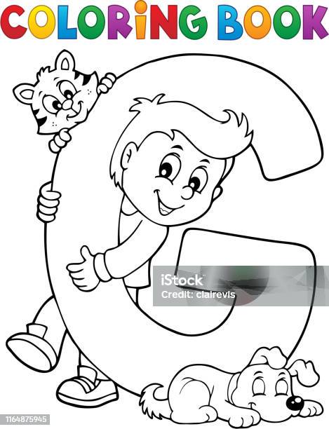 Coloring book boy and pets by letter g stock illustration