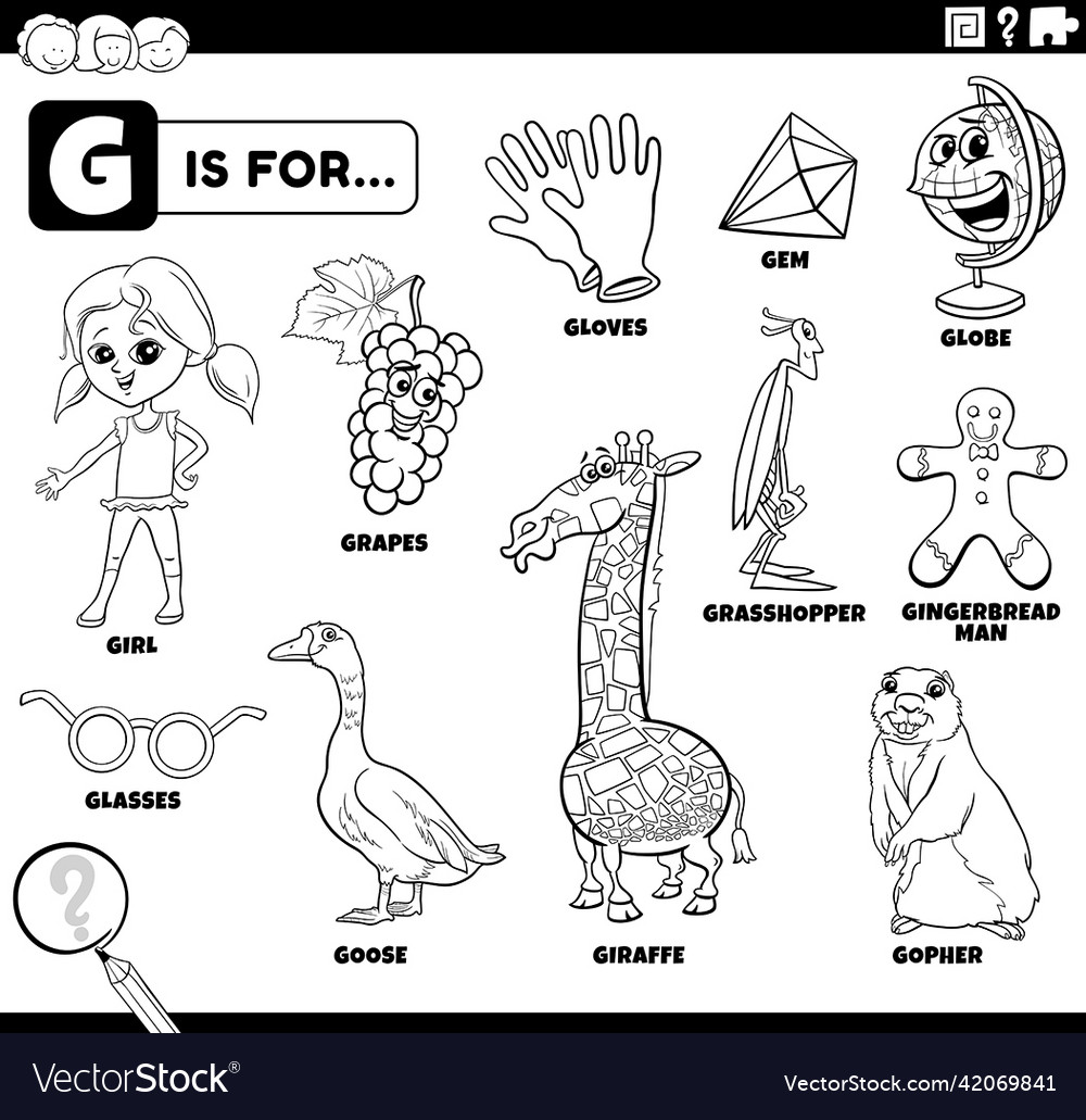 Letter g words educational set coloring book page vector image