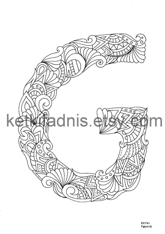 Letter g coloring page instant pdf download alphabet coloring page hand drawn diy printable coloring page letter illustration
