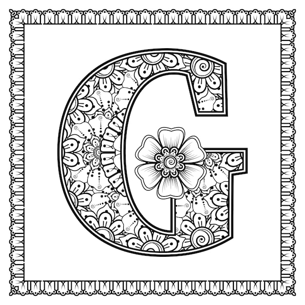 Premium vector letter g made of flowers in mehndi style coloring book page outline handdraw vector illustration
