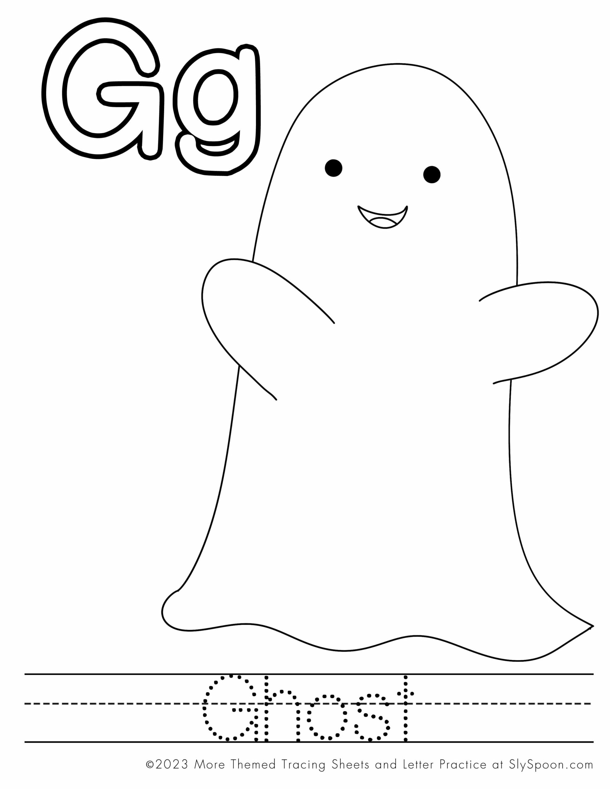 Free printable halloween themed letter g coloring and activity worksheets