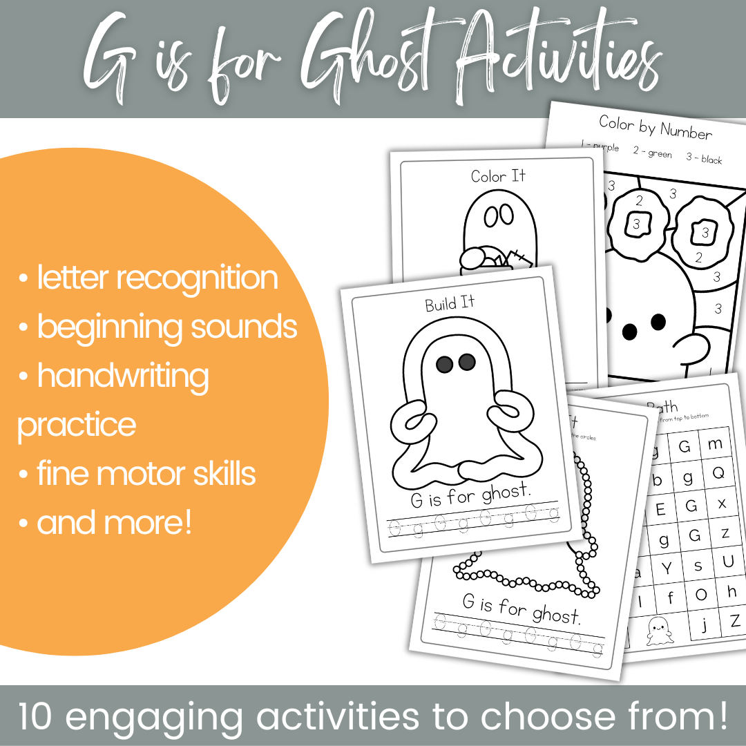 Free g is for ghost preschool printables for halloween fun