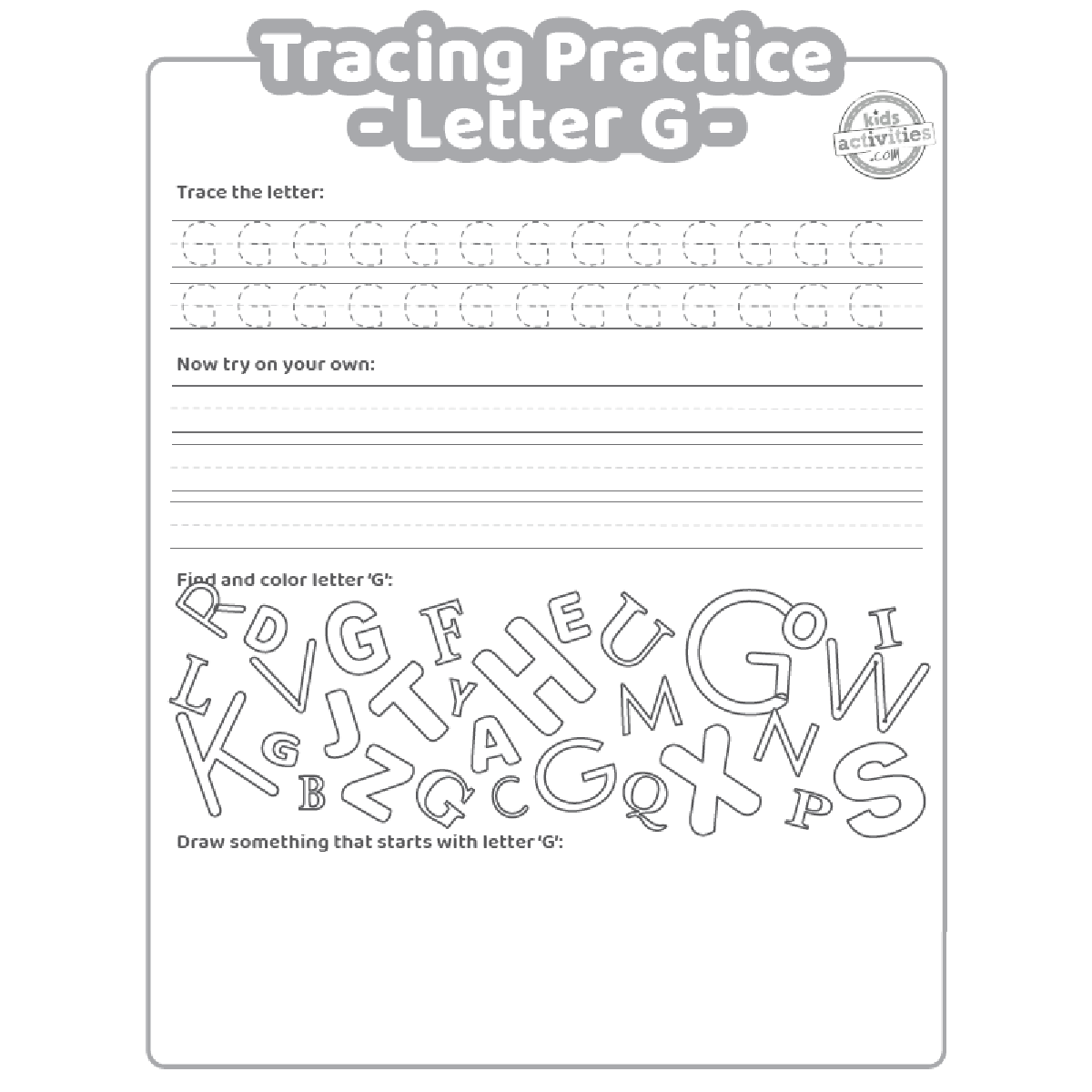 Free letter g practice worksheet trace it write it find it draw kids activities blog