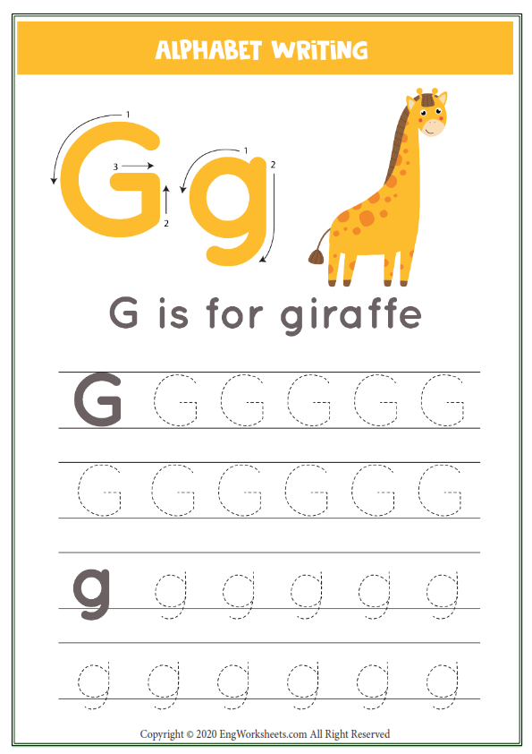 Letter g alphabet tracing worksheet with animal illustration