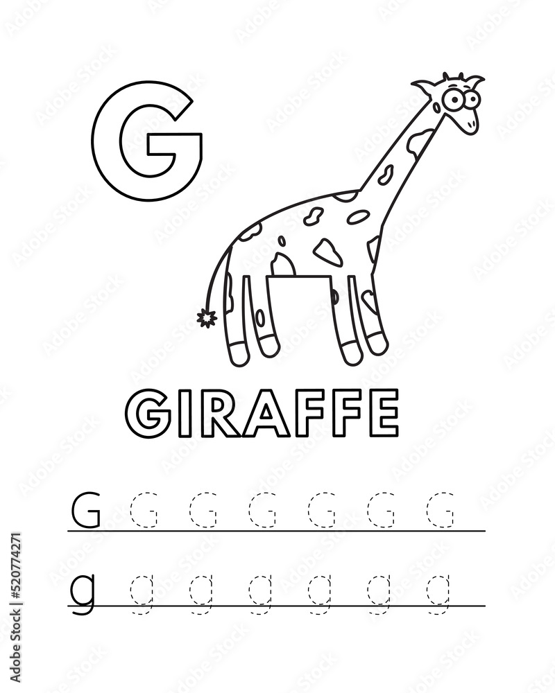 Alphabet with cute cartoon animals isolated on white background coloring pages for children education vector illustration of giraffe and tracing practice worksheet letter g vector