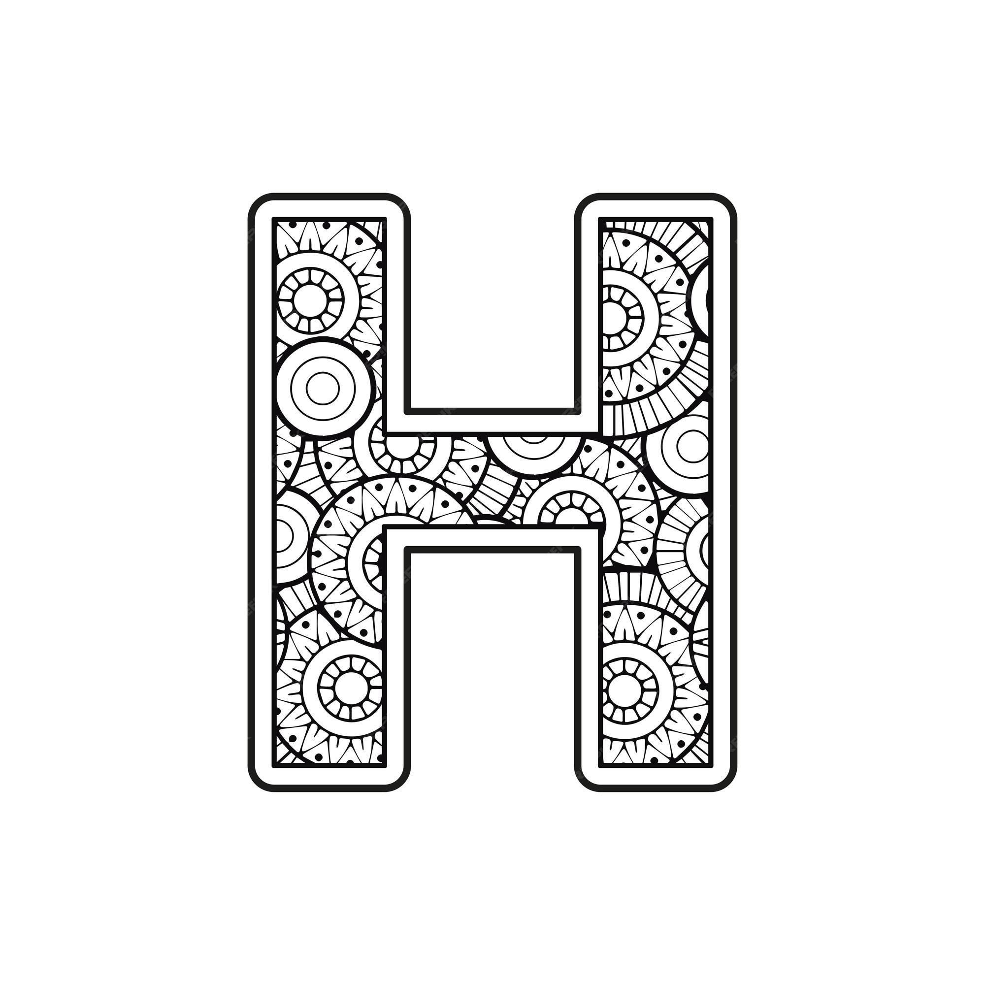 Premium vector vector coloring page for adults contour black and white capital english letter h on a mandala background