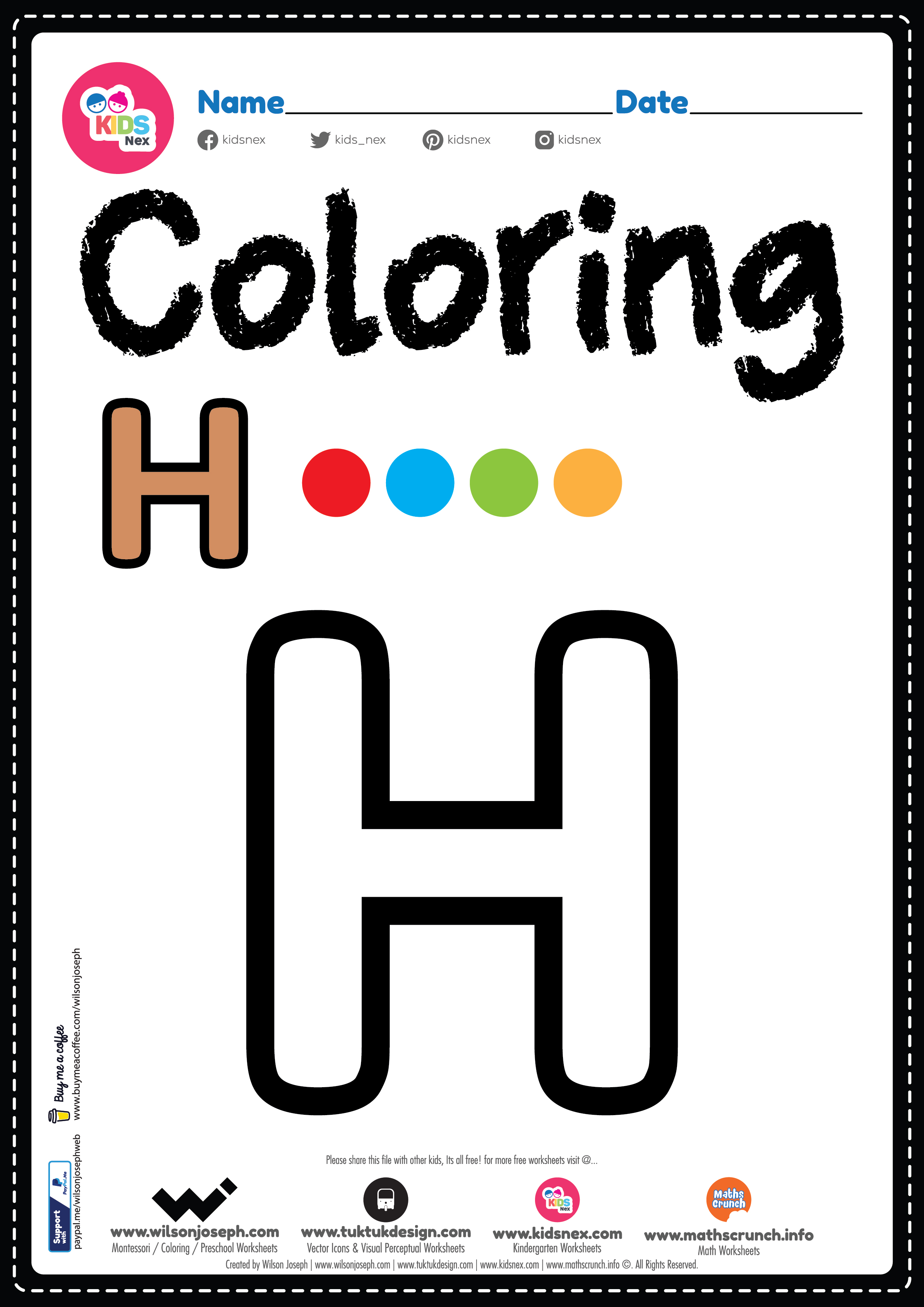 Letter h alphabet coloring page worksheet free printable pdf