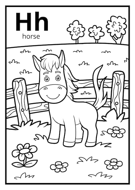 Premium vector coloring book for children colorless alphabet letter h horse