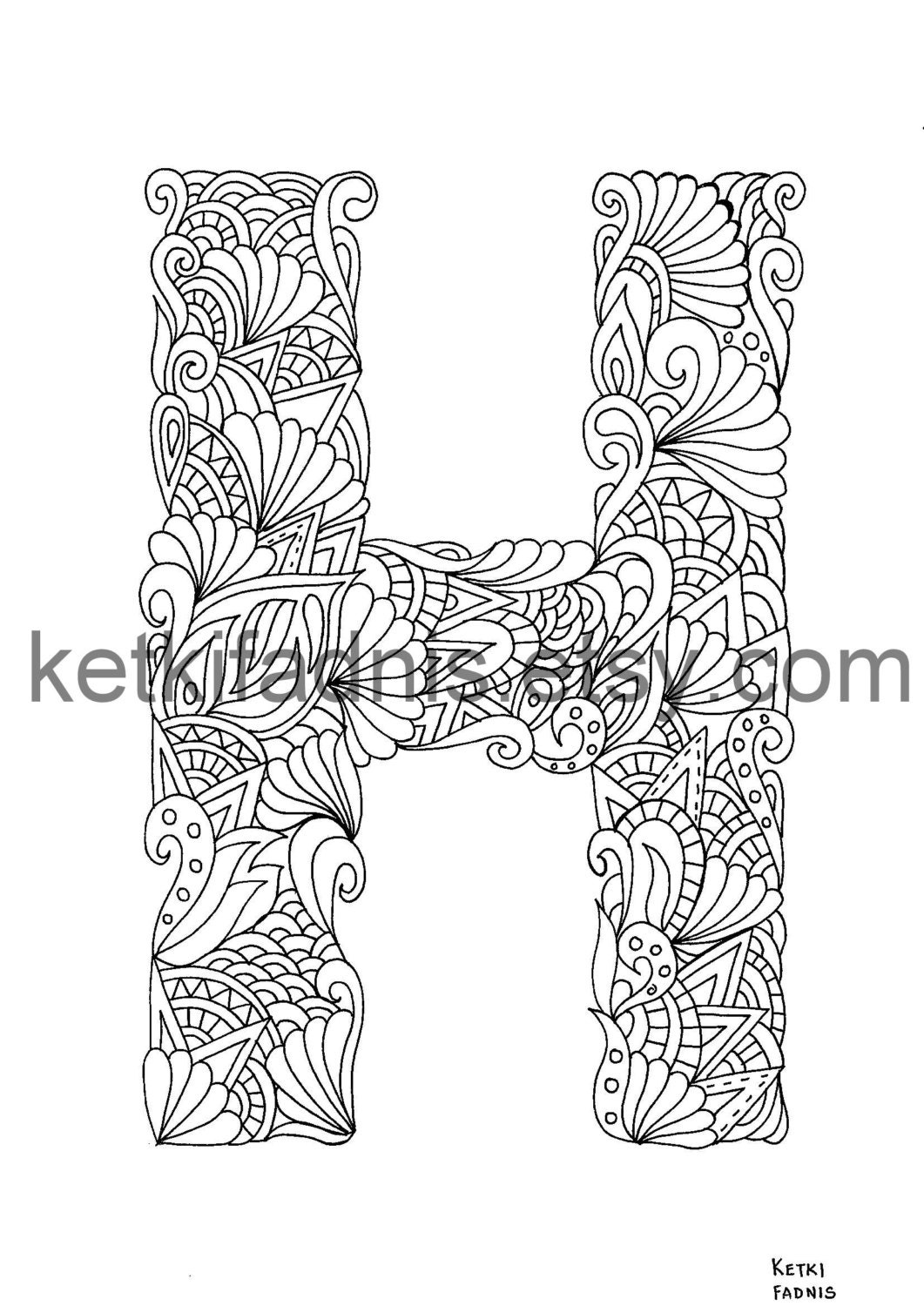 Letter h coloring page instant pdf download alphabet coloring page hand drawn diy printable coloring page letter illustration