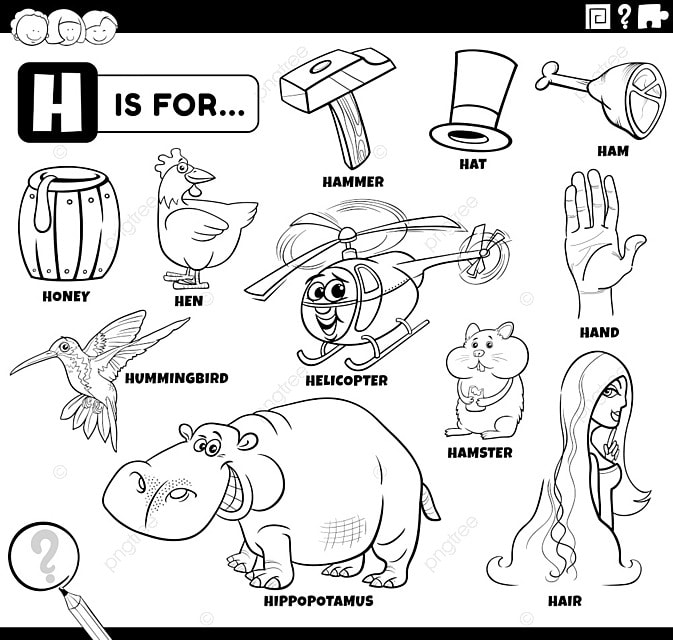 Black and white educational cartoon illustration for children with ic characters and objects set for letter h coloring book page template download on