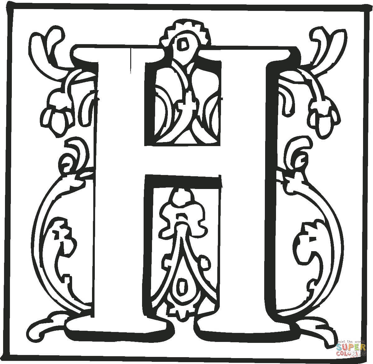 Letter h with ornament coloring page free printable coloring pages