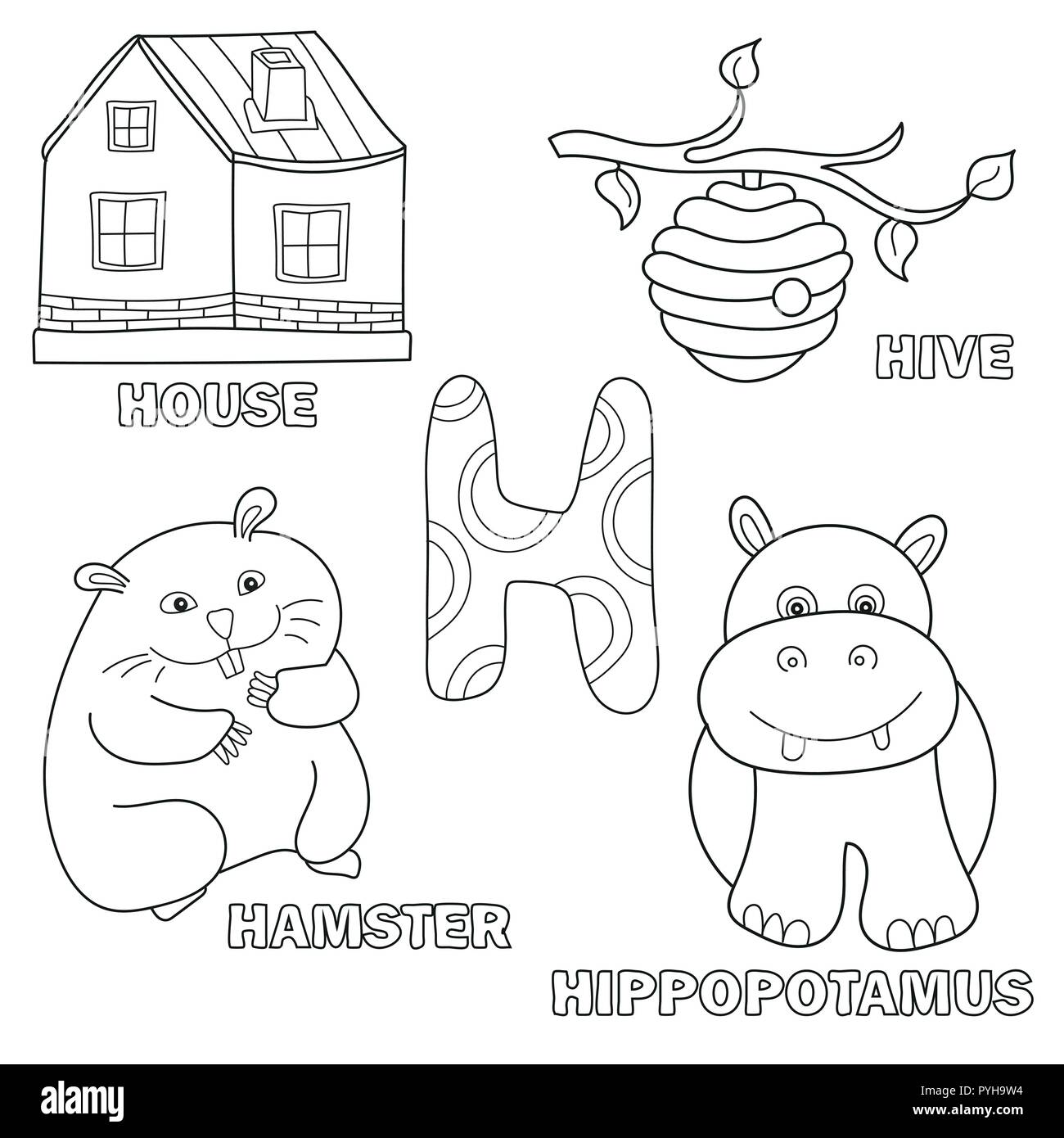 Kids alphabet coloring book page with outlined clip arts letter h stock vector image art