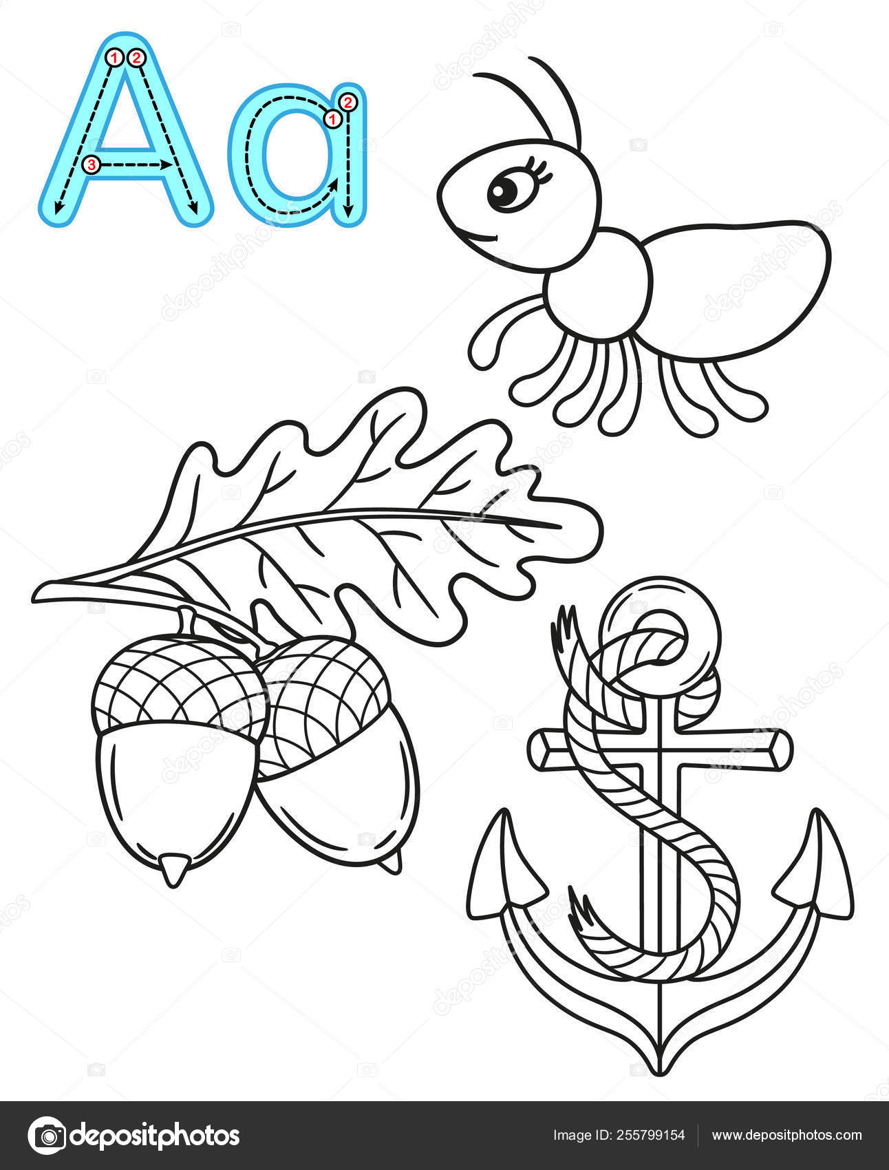 Printable coloring page for kindergarten and preschool card for study english vector coloring book alphabet letter a anchor ant acorn stock vector by natasha