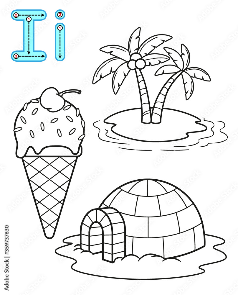 Printable coloring page for kindergarten and preschool card for study english vector coloring book alphabet letter i island iglo ice cream vector