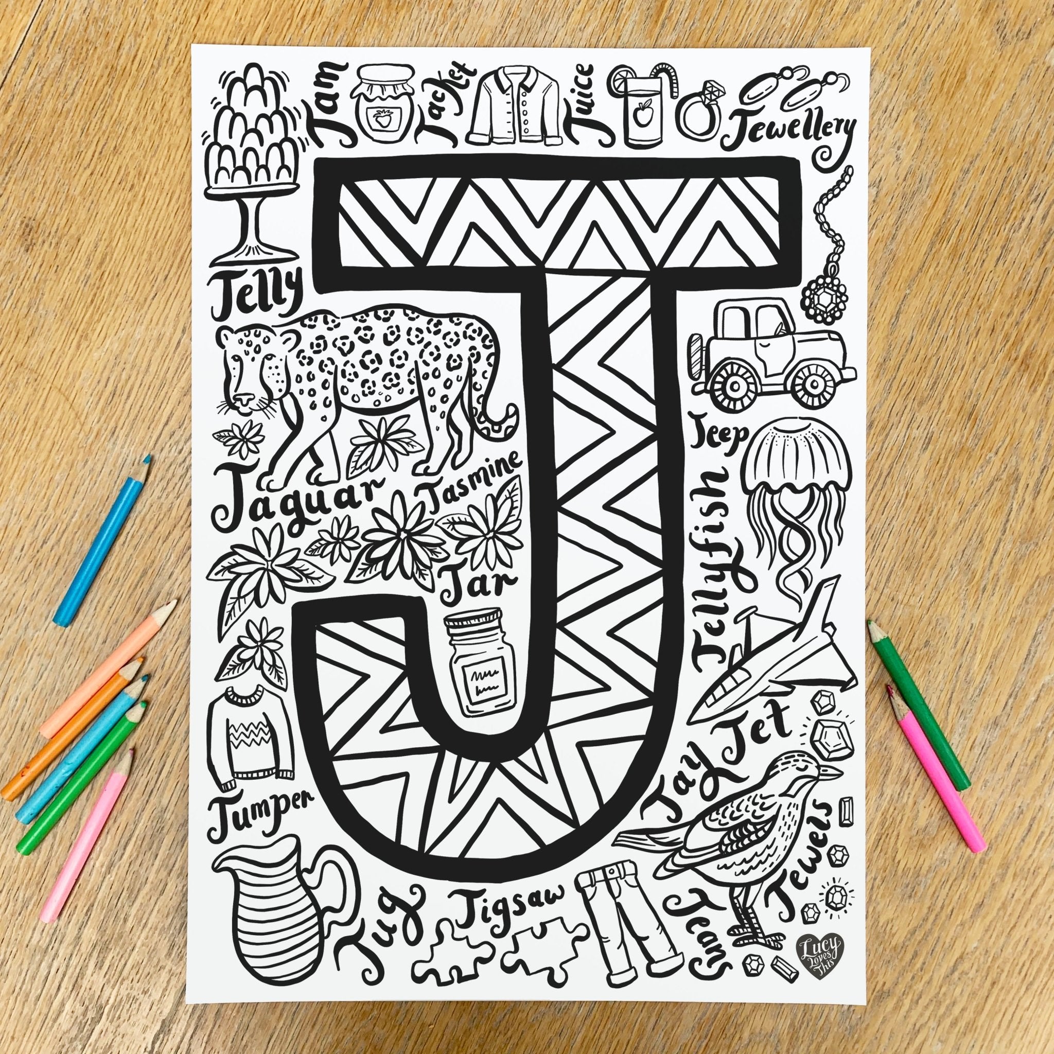 Letter j colouring poster