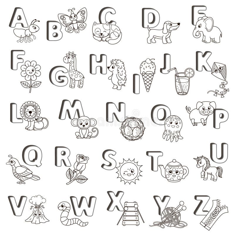 Vector abc poster capital letters of the english alphabet with cute cartoon animals and things coloring page for stock illustration