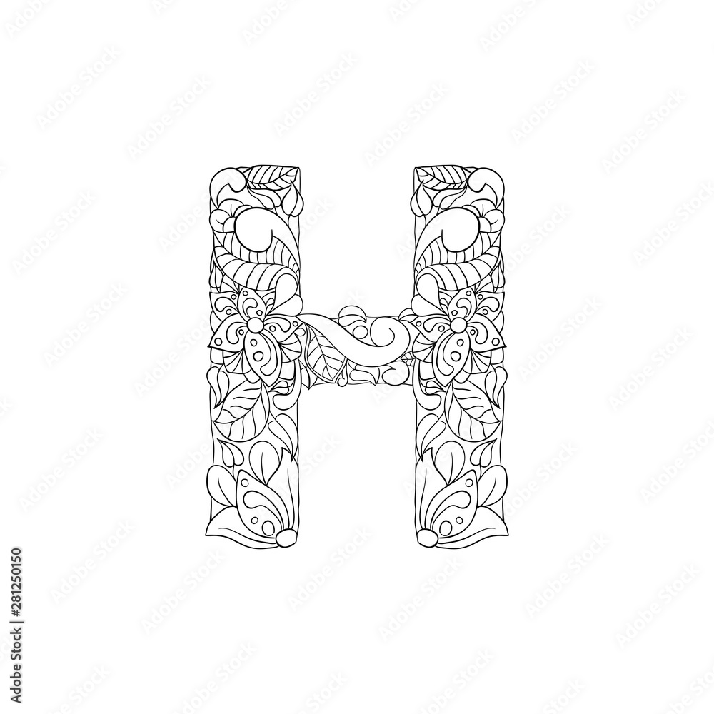 Coloring book floral ornamental alphabet initial letter h font vector typography symbol antistress page for adults and monogramsisolated poster or cover design vector