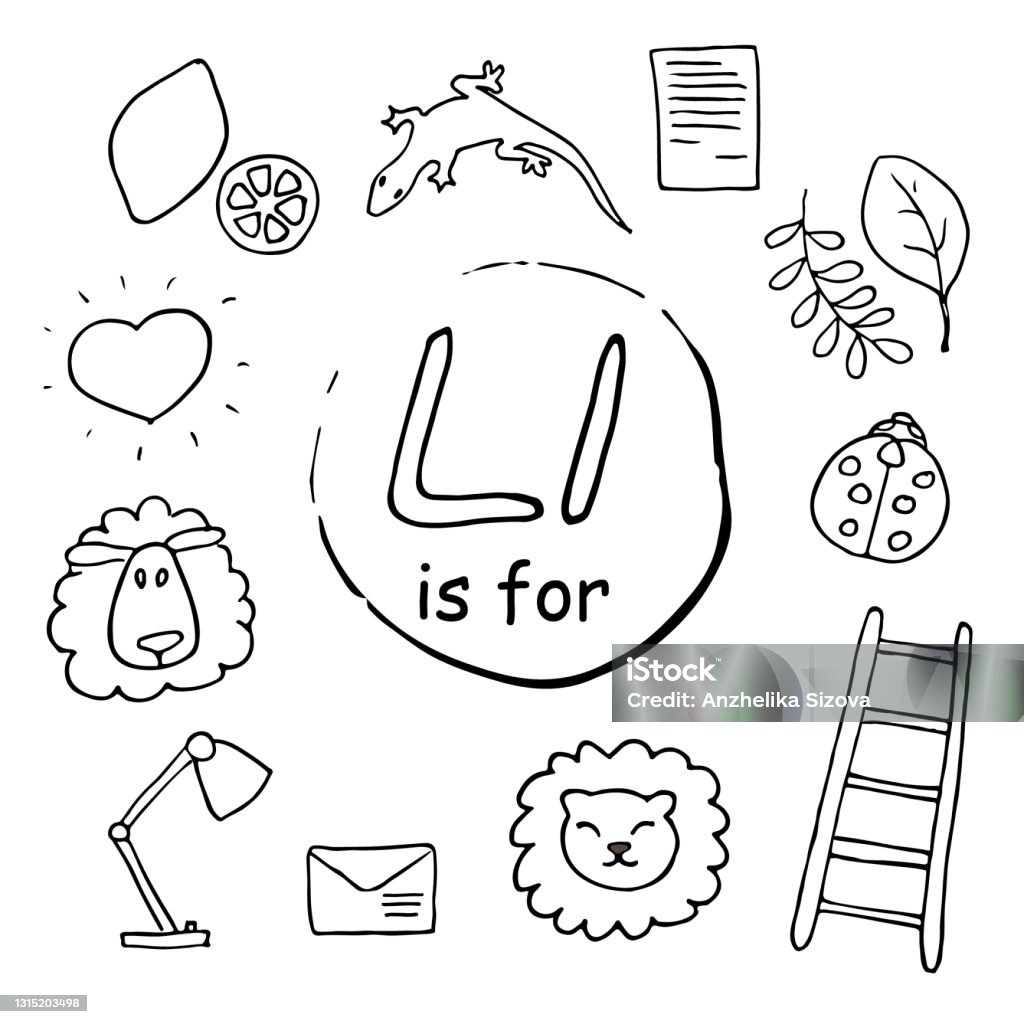 English alphabet with different isolated pictures poster with the abc basics for children youngest kids vector illustrations set lion ladder letter lamp ladybug lamb lizard leaf love coloring pages stock illustration