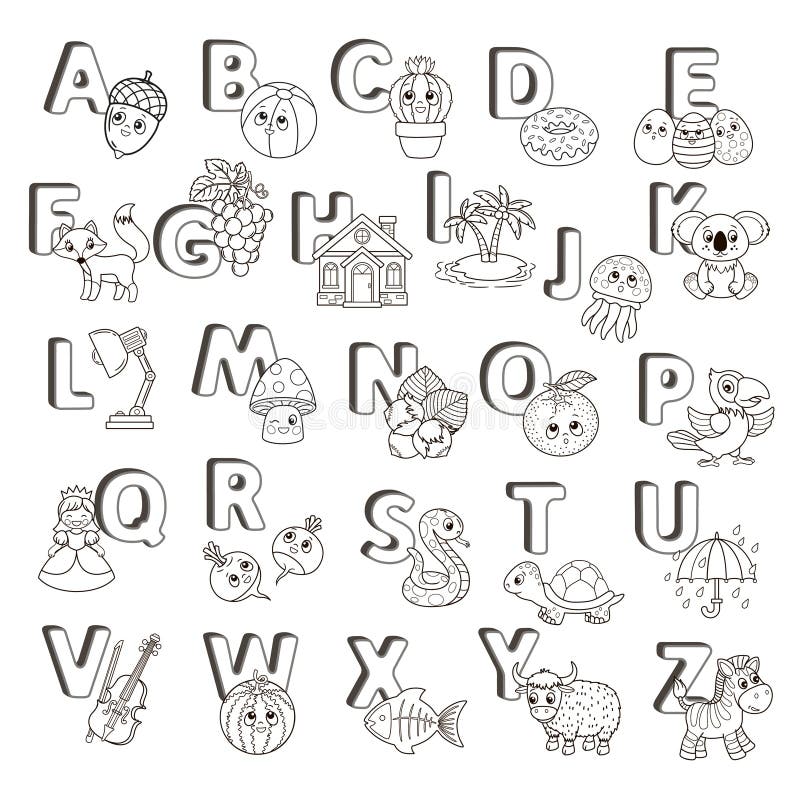 Vector abc poster capital letters of the english alphabet with cute cartoon zoo animals and things coloring page for stock vector