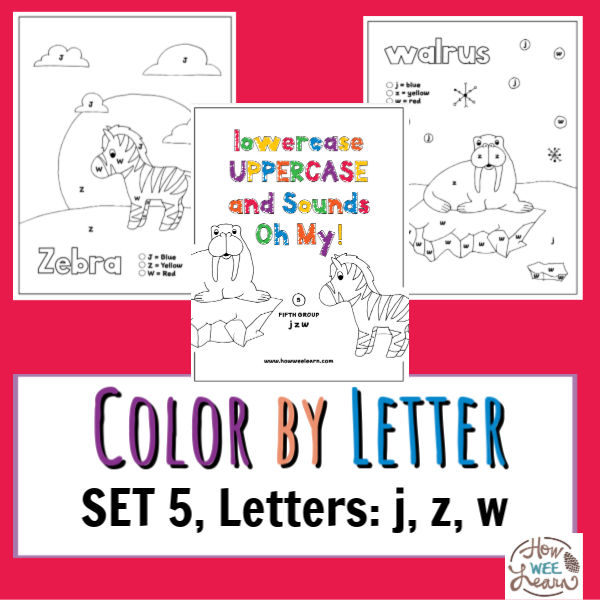 Free printable color by letter worksheets set letters j z w