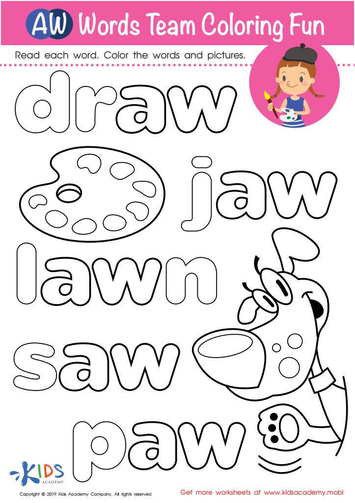 Aw words team coloring fun worksheet free coloring page printout for kids