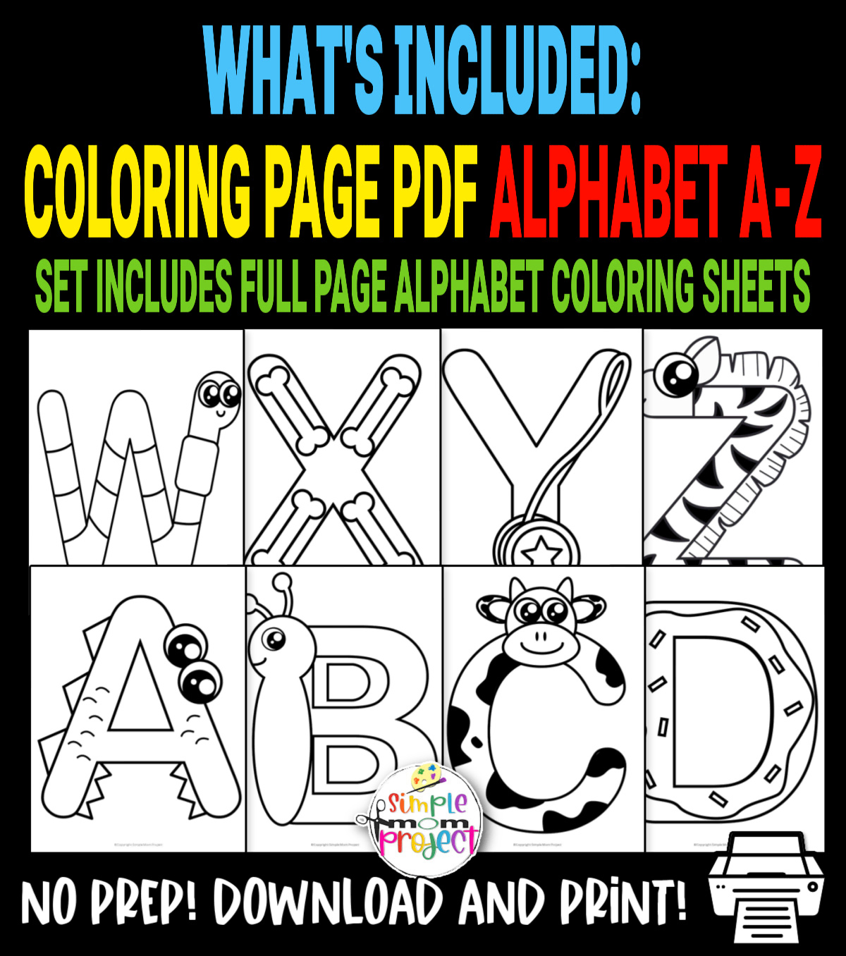 Fun alphabet coloring page bundle