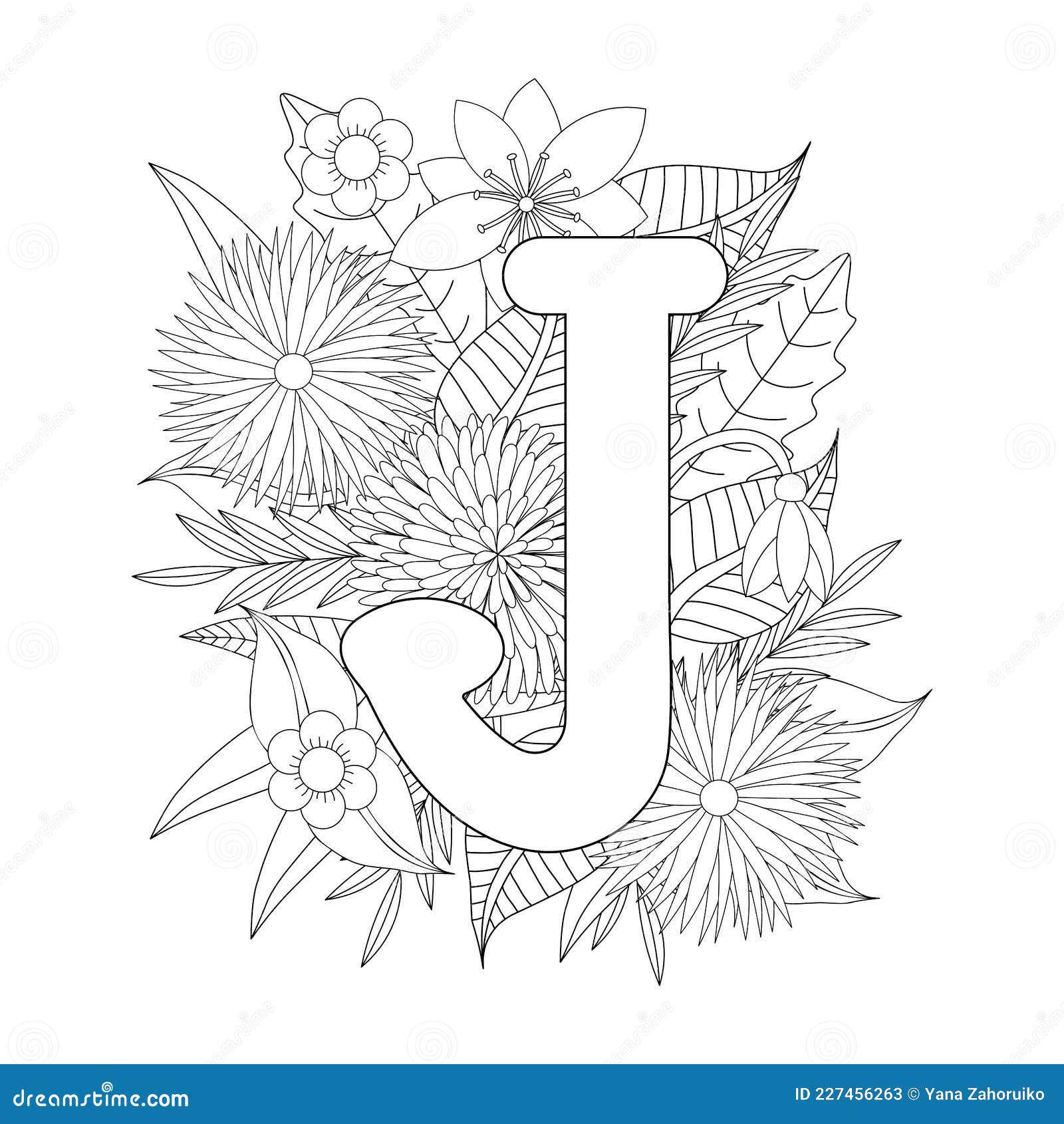 Letter j coloring page floral coloring stock vector