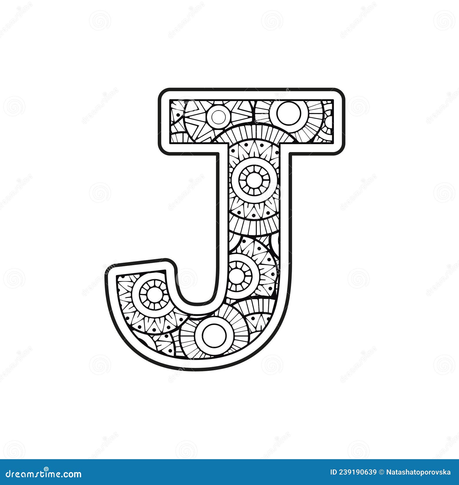 Vector coloring page for adults contour black and white capital english letter j on a mandala background stock vector