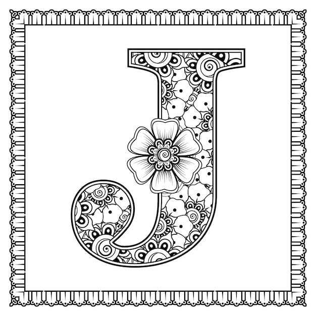 Premium vector letter j made of flowers in mehndi style coloring book page outline handdraw vector illustration