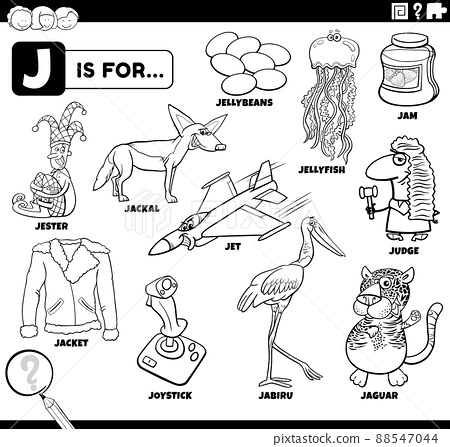 Letter j words educational set coloring book page