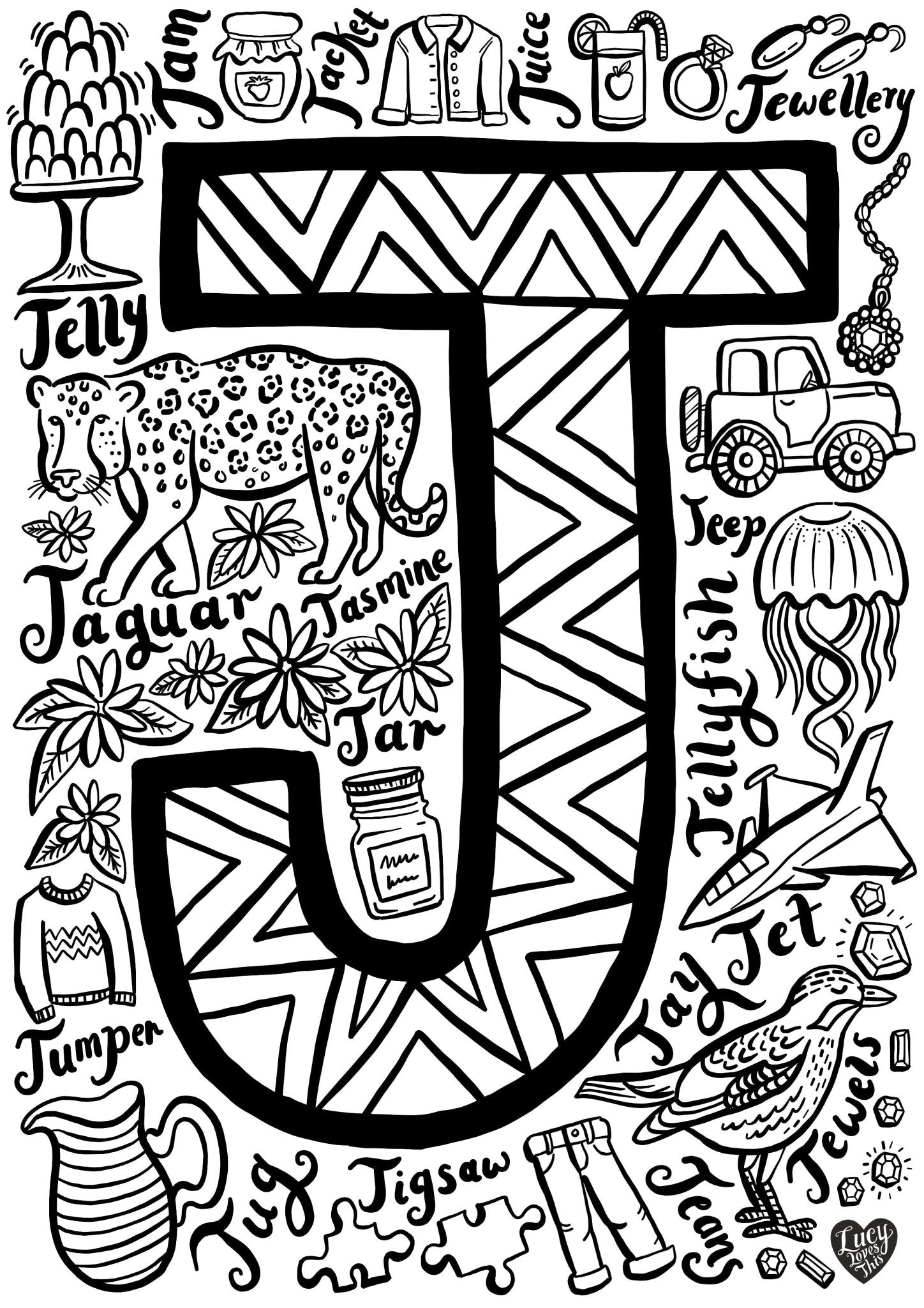 Letter j colouring poster