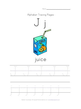 Letter j tracing page with picture of juice all kids network letter j alphabet tracing lettering