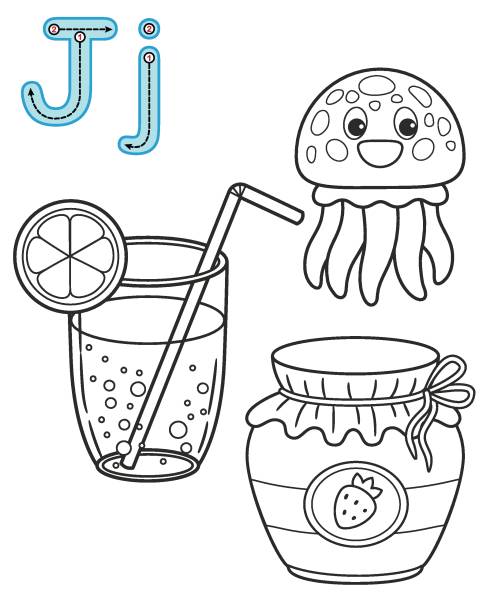 Letter j juice jellyfish jam vector coloring book alphabet printable coloring page for kindergarten and preschool stock illustration