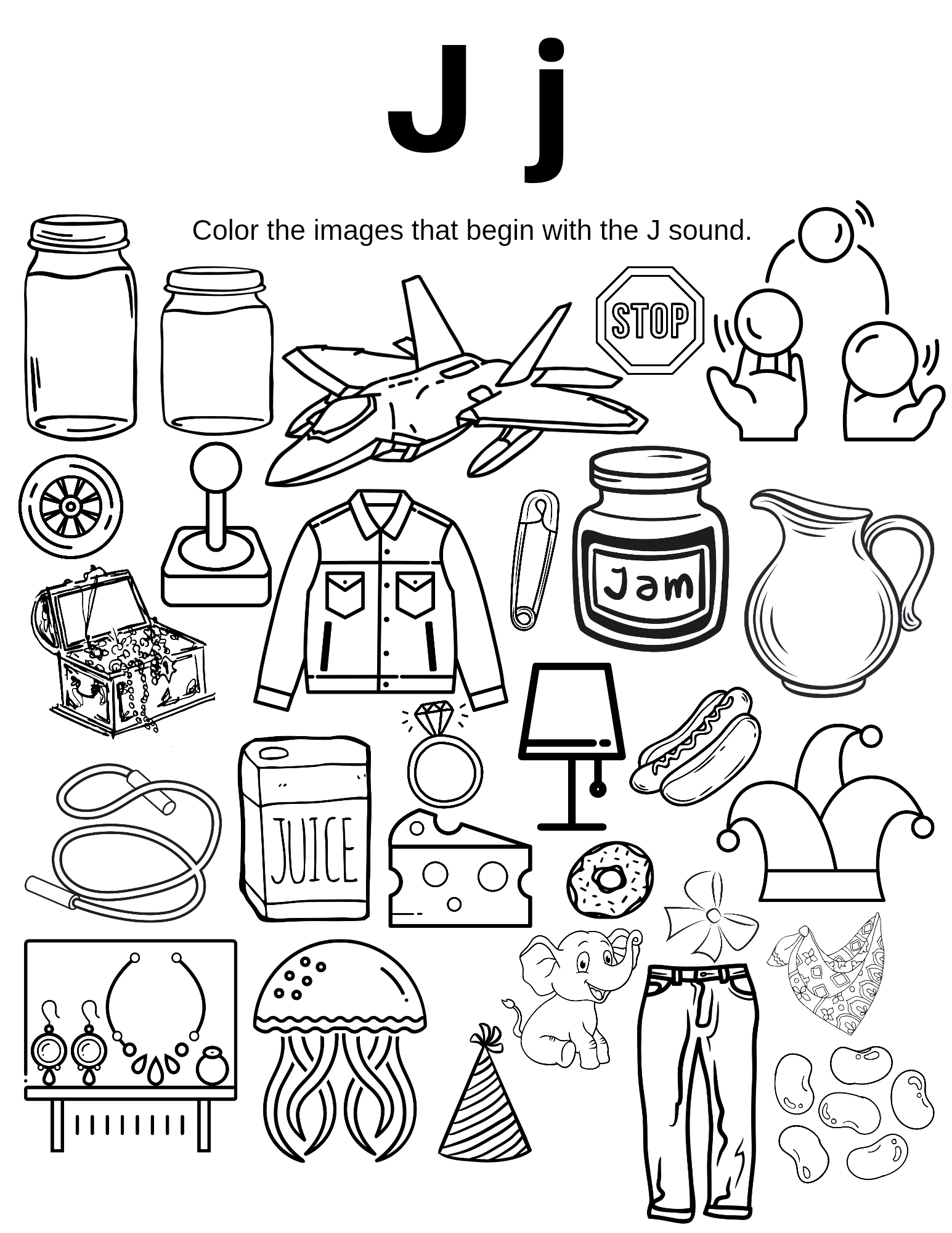 Letter j image finder coloring worksheet