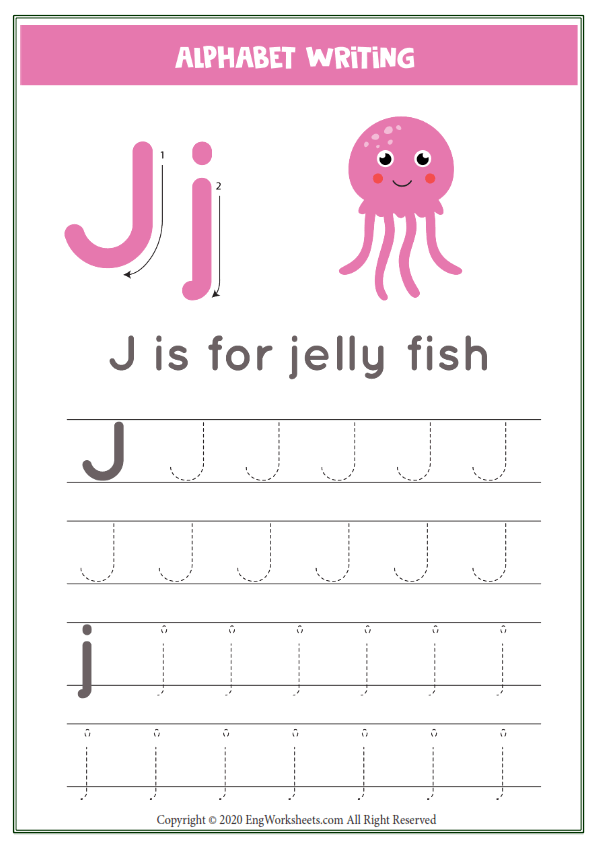 Letter j alphabet tracing worksheet with animal illustration