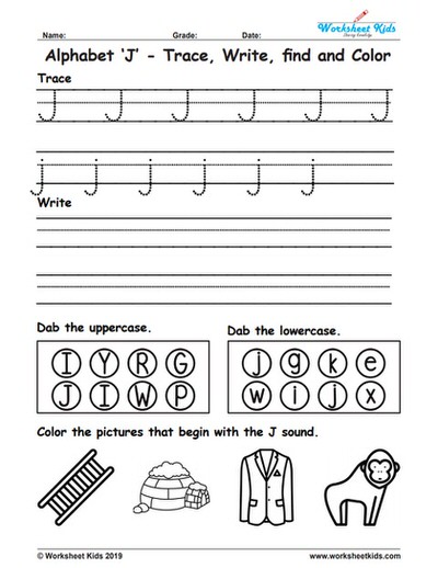 Alphabet letter j trace write find color