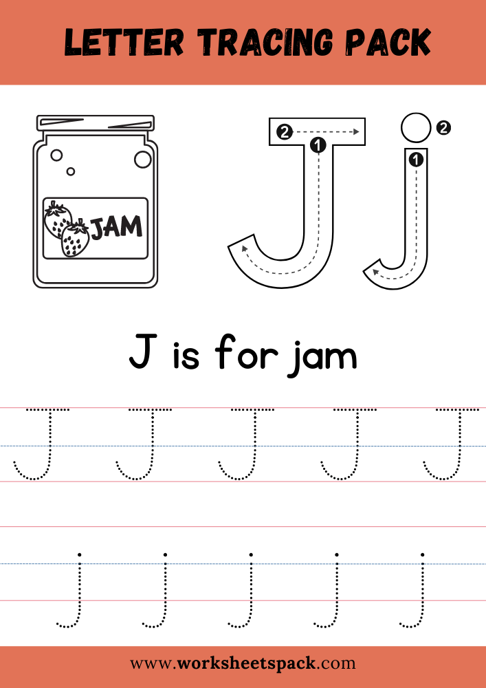 J is for jam coloring free letter j tracing worksheet pdf