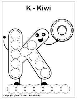 Set of abc dot marker coloring pages letter k for kiwi dot markers preschool alphabet printables abc coloring pages