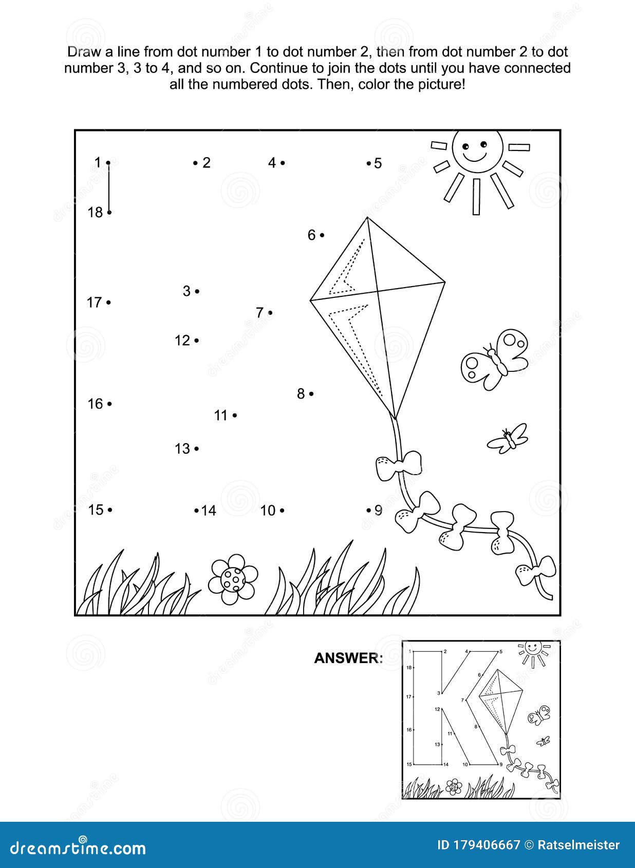 Connect the dots and coloring page with letter k and kite stock vector